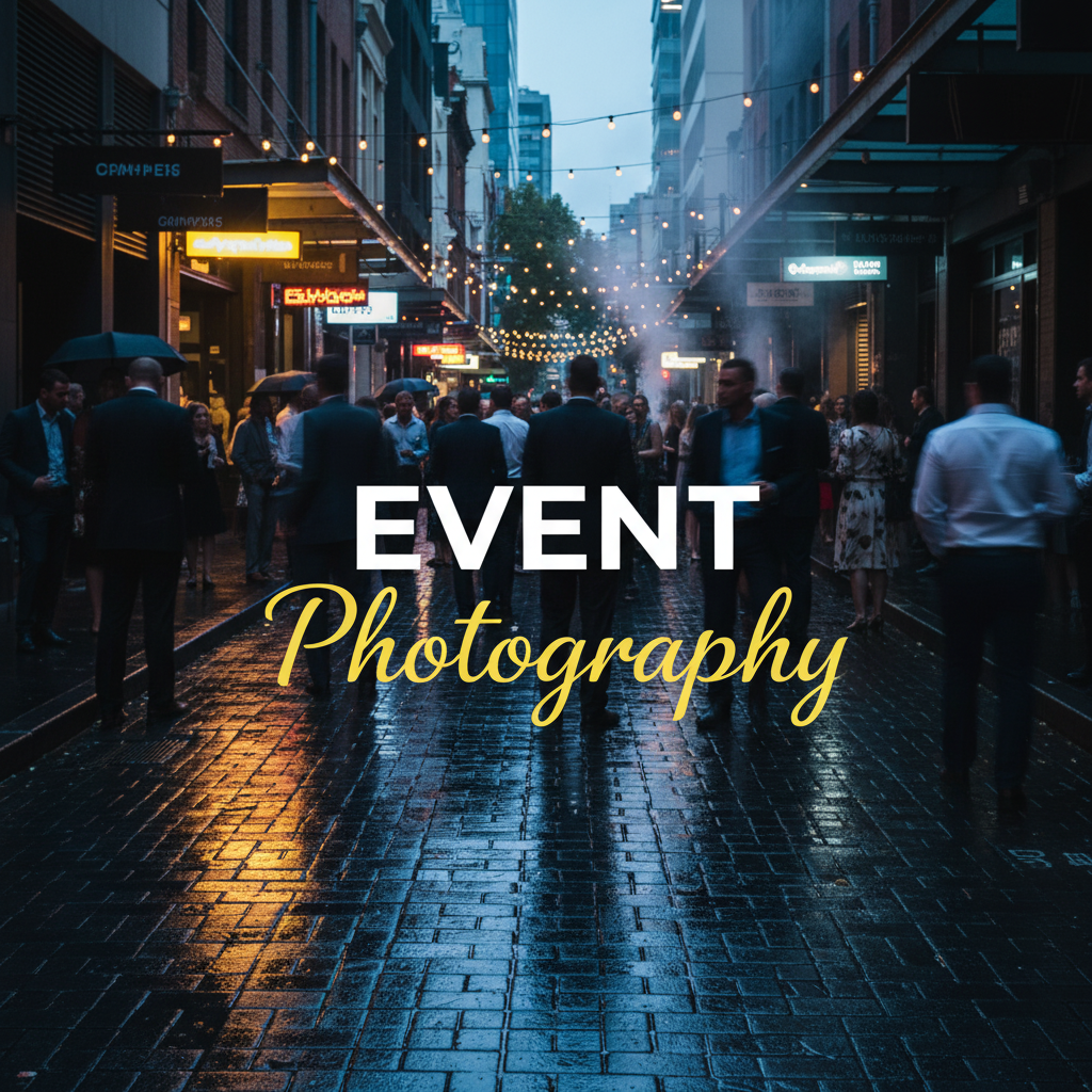 Atmospheric street photography style image capturing vibrant Melbourne corporate events, with the title 'Event Photography' overlaid in bold white and elegant yellow cursive fonts.