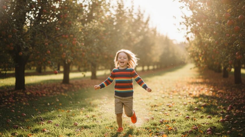 An epic moment of pure, unbridled joy for kids photography in Wandin East, showing a child laughing while running through a sun-dappled orchard.