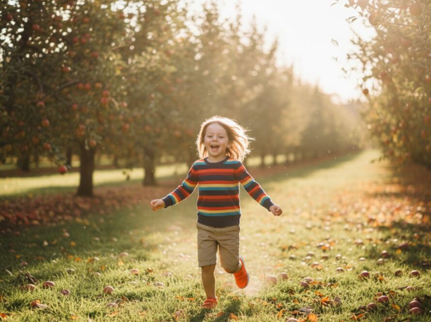 An epic moment of pure, unbridled joy for kids photography in Wandin East, showing a child laughing while running through a sun-dappled orchard.