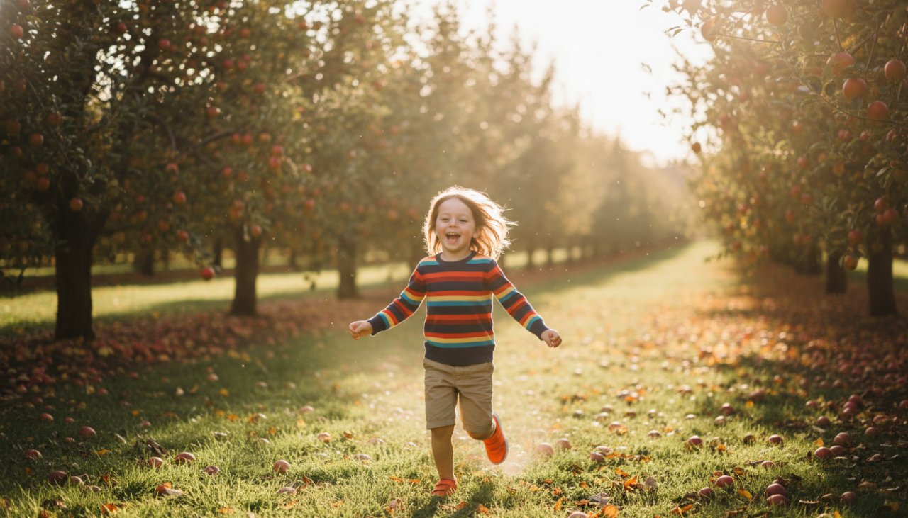 An epic moment of pure, unbridled joy for kids photography in Wandin East, showing a child laughing while running through a sun-dappled orchard.