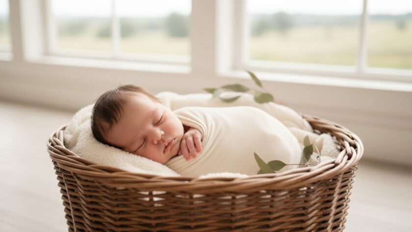 A heartwarming close-up, depicting 'Capturing Wandin North newborn photography magic', showing a peacefully sleeping newborn baby wrapped in soft, earthy tones, nestled in a rustic wooden basket with a subtle bokeh background of Wandin North's natural light filtering through gum leaves, creating a serene and timeless portrait.