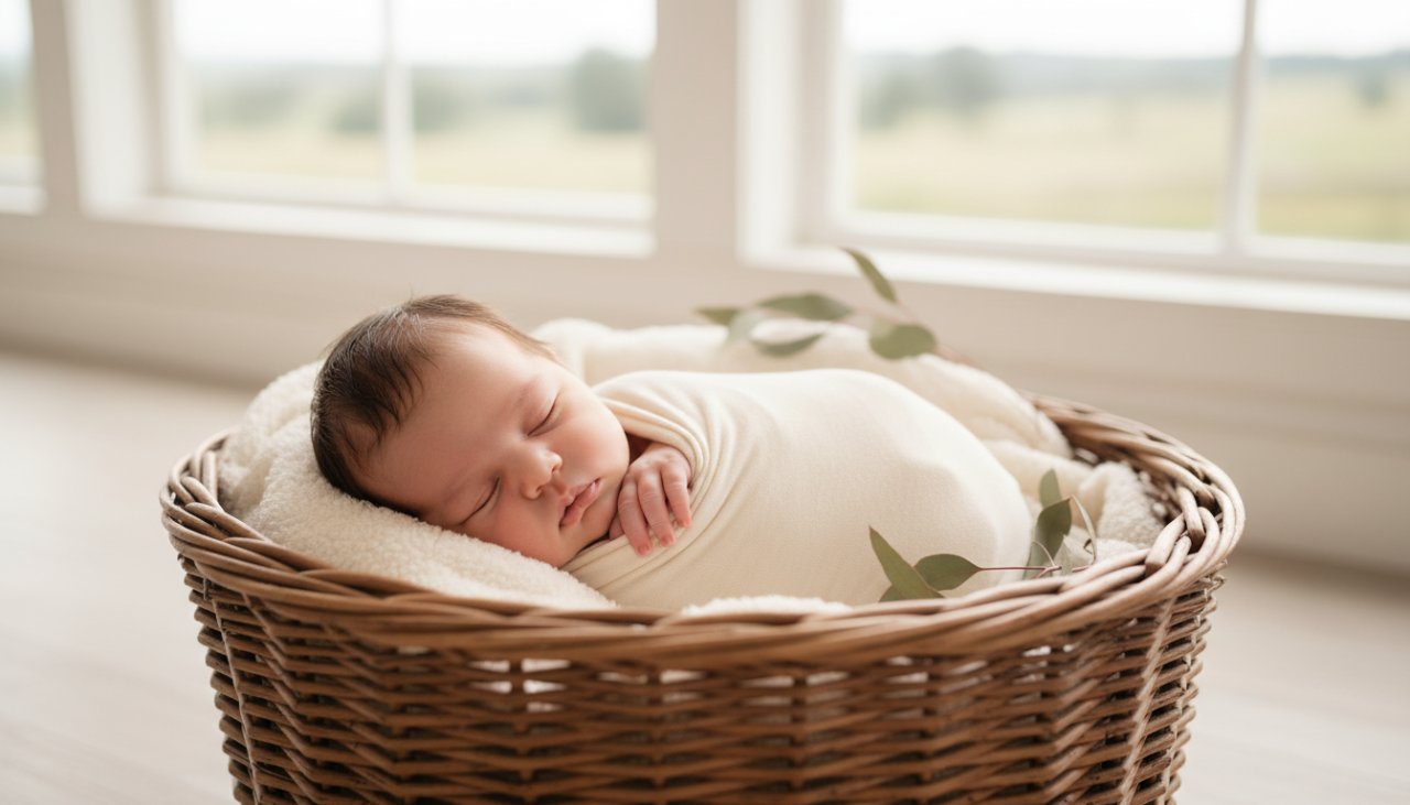 A heartwarming close-up, depicting 'Capturing Wandin North newborn photography magic', showing a peacefully sleeping newborn baby wrapped in soft, earthy tones, nestled in a rustic wooden basket with a subtle bokeh background of Wandin North's natural light filtering through gum leaves, creating a serene and timeless portrait.