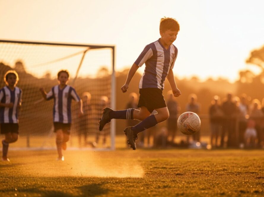 Dynamic action shot capturing an intense moment in Wandin North youth sports action photography, featuring a young athlete scoring a goal with golden hour lighting, depicting triumph and energy.