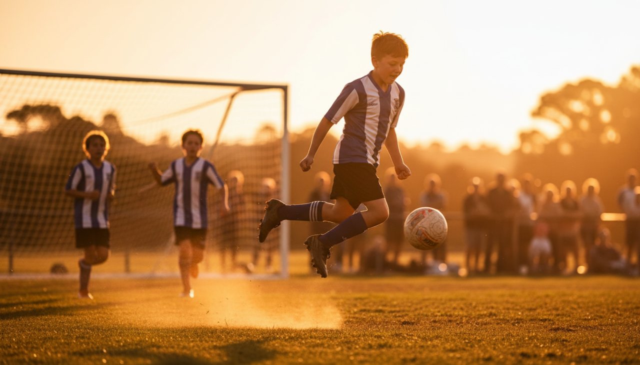 Dynamic action shot capturing an intense moment in Wandin North youth sports action photography, featuring a young athlete scoring a goal with golden hour lighting, depicting triumph and energy.