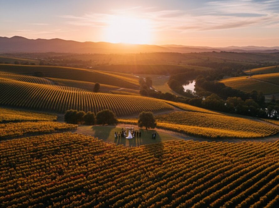 An epic aerial shot capturing Yarra Glen drone photography vineyard essence, showcasing a golden sunset over rows of grapevines and a distant Yarra River bend, with a small wedding ceremony in progress, highlighting the stunning landscape from above.
