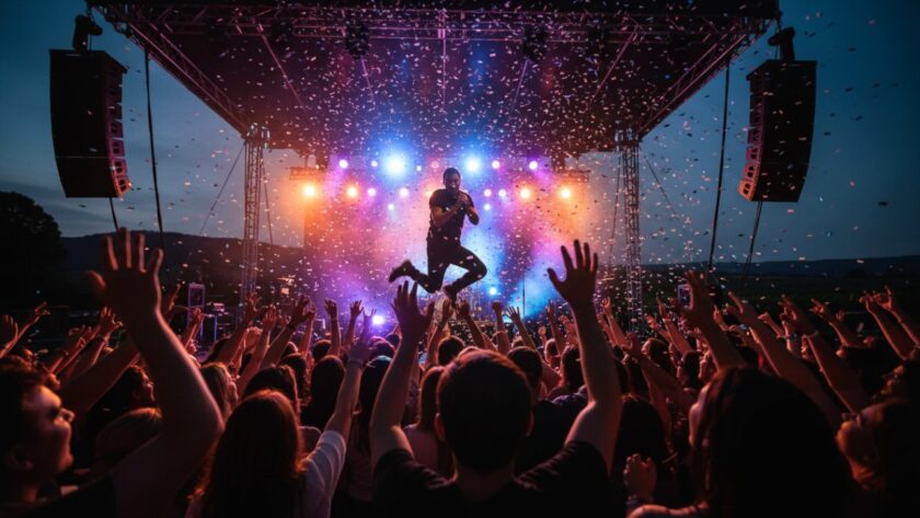 A dynamic, wide-angle shot capturing Yarra Glen live music energy with a lead singer silhouetted against vibrant stage lights, confetti falling, and a cheering crowd, embodying an unforgettable concert moment.