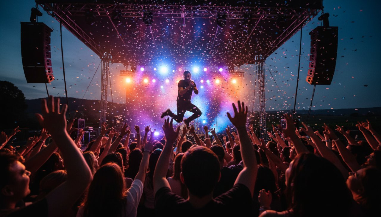 A dynamic, wide-angle shot capturing Yarra Glen live music energy with a lead singer silhouetted against vibrant stage lights, confetti falling, and a cheering crowd, embodying an unforgettable concert moment.