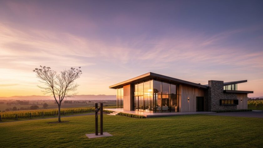 An epic moment of evening light illuminating the stunning modern architecture of a Yarra Glen winery, showcasing the intricate design and surrounding vineyards, perfectly illustrating Capturing Yarra Glen's unique winery architecture photography.