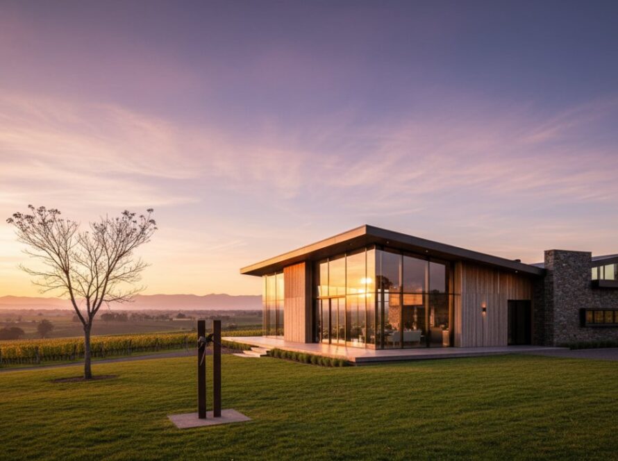 An epic moment of evening light illuminating the stunning modern architecture of a Yarra Glen winery, showcasing the intricate design and surrounding vineyards, perfectly illustrating Capturing Yarra Glen's unique winery architecture photography.