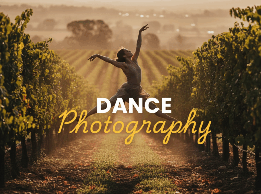 An atmospheric 'Street Photography' style image showcasing elegant dancers performing against the scenic backdrop of the Yarra Valley, capturing the essence of Capturing Yarra Valley Dance Photography. Moody lighting, cinematic quality, with 'Dance Photography' title overlay.