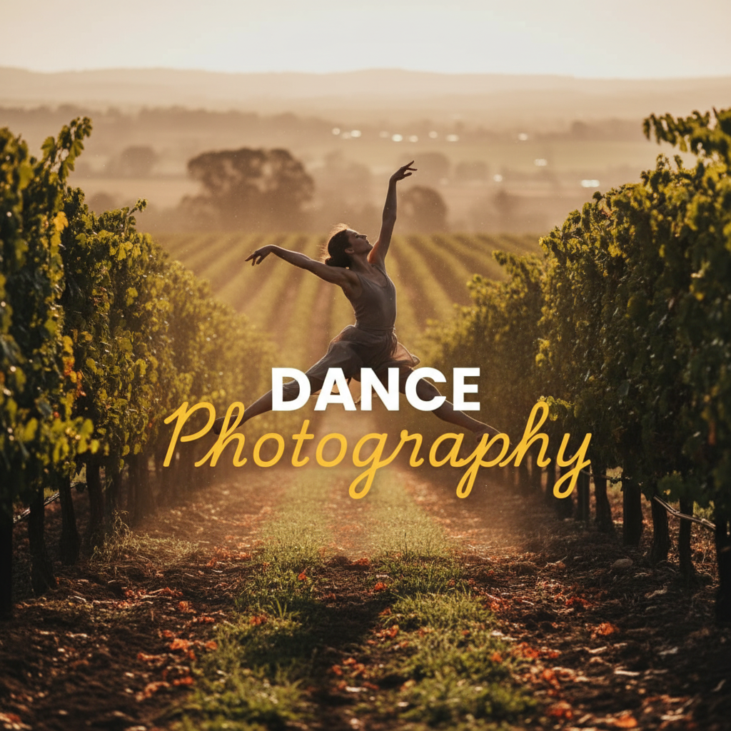 An atmospheric 'Street Photography' style image showcasing elegant dancers performing against the scenic backdrop of the Yarra Valley, capturing the essence of Capturing Yarra Valley Dance Photography. Moody lighting, cinematic quality, with 'Dance Photography' title overlay.