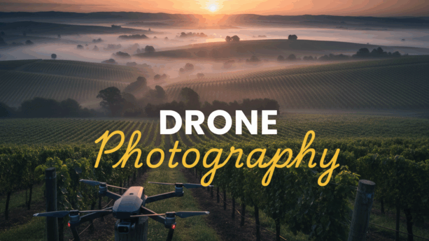 An atmospheric, cinematic 'Street Photography' style image showcasing the Yarra Valley, with mist rising over rolling vineyards at dawn, a drone hovering subtly in the distance, and the title 'Drone Photography' overlayed. This highlights Capturing Yarra Valley vineyards with professional drone photography.