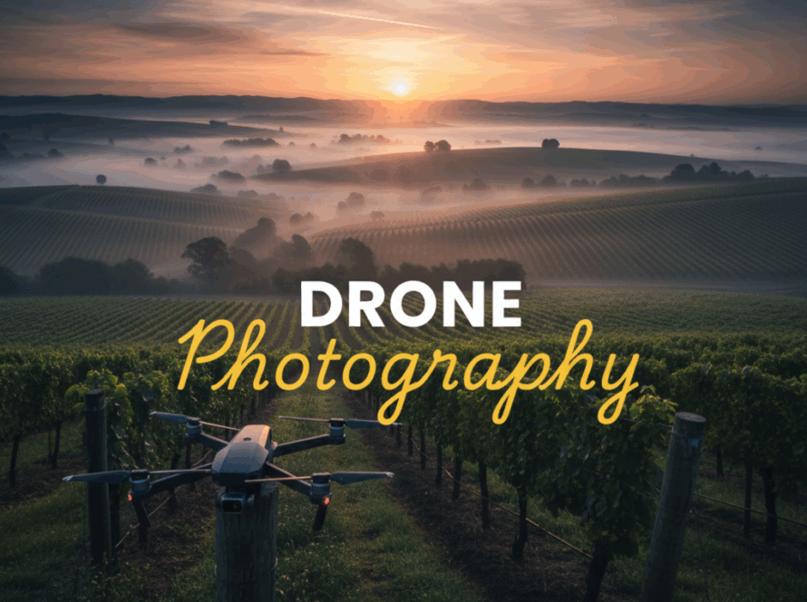 An atmospheric, cinematic 'Street Photography' style image showcasing the Yarra Valley, with mist rising over rolling vineyards at dawn, a drone hovering subtly in the distance, and the title 'Drone Photography' overlayed. This highlights Capturing Yarra Valley vineyards with professional drone photography.