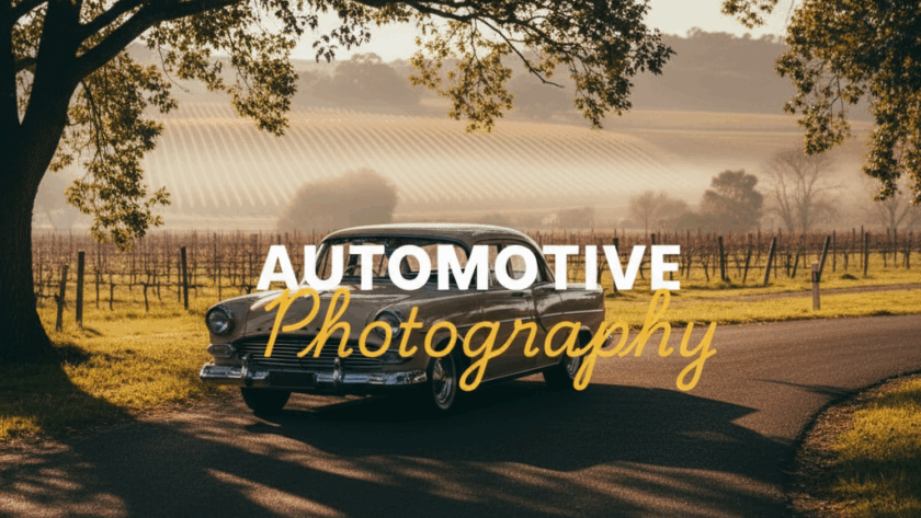 An atmospheric, moody street photography style image of a classic car parked near a vineyard at golden hour in Yarra Valley, showcasing the art of capturing Yarra Valley's automotive beauty.