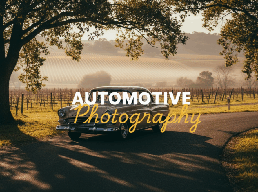 An atmospheric, moody street photography style image of a classic car parked near a vineyard at golden hour in Yarra Valley, showcasing the art of capturing Yarra Valley's automotive beauty.