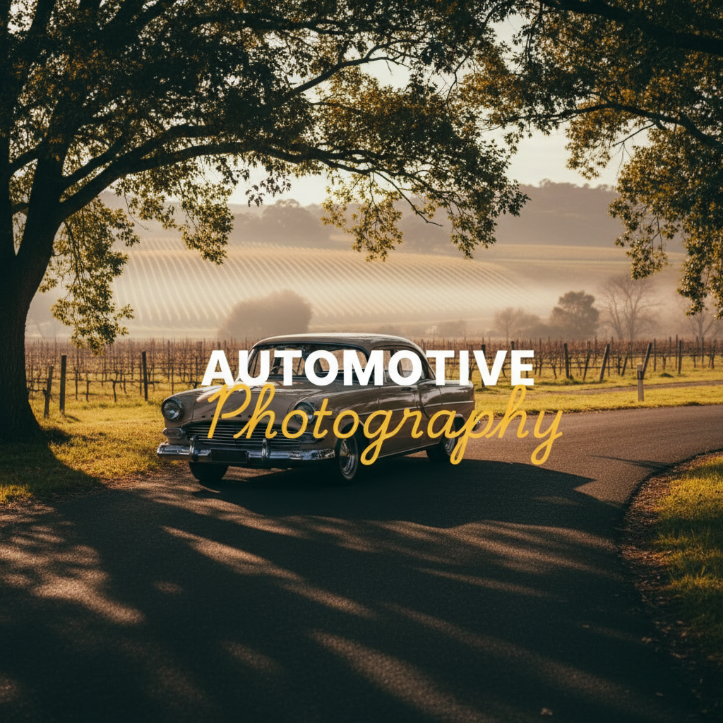 An atmospheric, moody street photography style image of a classic car parked near a vineyard at golden hour in Yarra Valley, showcasing the art of capturing Yarra Valley's automotive beauty.