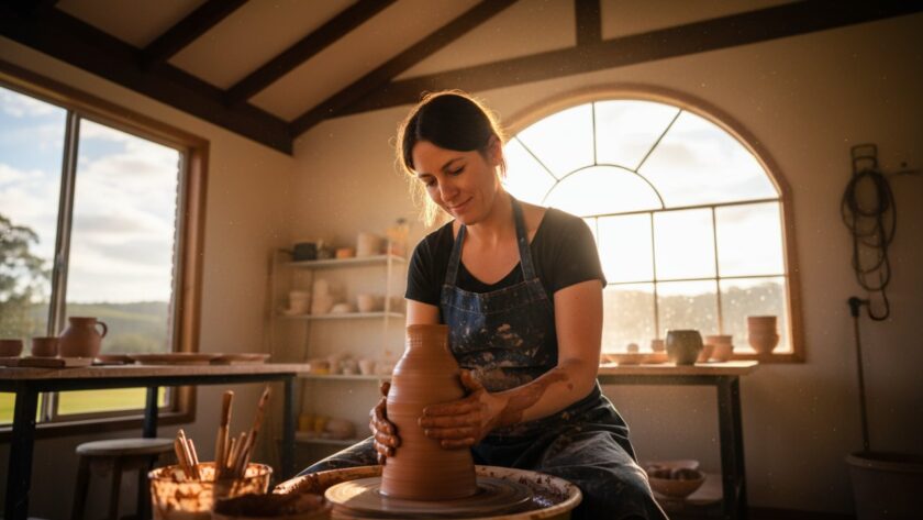 An epic moment of a Castella artisan potter, hands covered in clay, intently working on a pottery wheel in a sun-drenched, rustic studio. The golden light highlights the texture of the clay and the artist's focused expression, perfectly capturing the essence of Castella artisan branding photography with authenticity and passion.