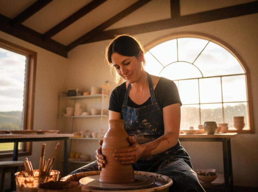An epic moment of a Castella artisan potter, hands covered in clay, intently working on a pottery wheel in a sun-drenched, rustic studio. The golden light highlights the texture of the clay and the artist's focused expression, perfectly capturing the essence of Castella artisan branding photography with authenticity and passion.