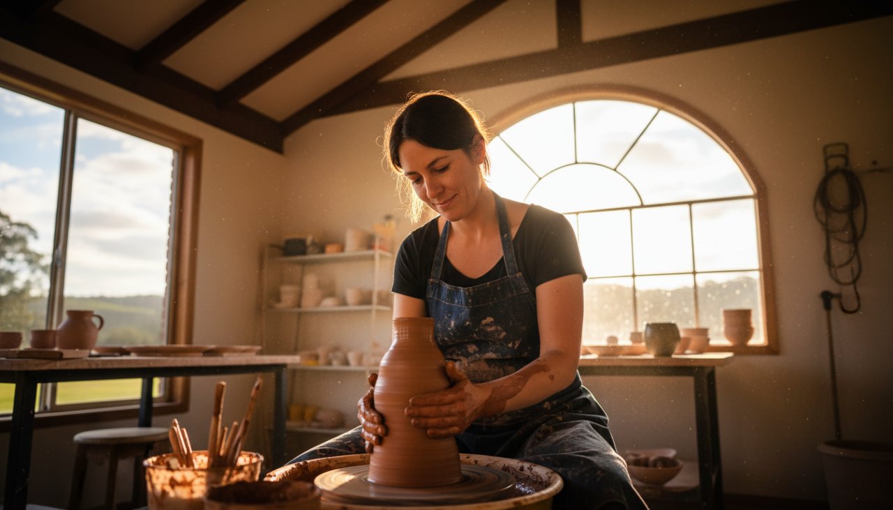 An epic moment of a Castella artisan potter, hands covered in clay, intently working on a pottery wheel in a sun-drenched, rustic studio. The golden light highlights the texture of the clay and the artist's focused expression, perfectly capturing the essence of Castella artisan branding photography with authenticity and passion.