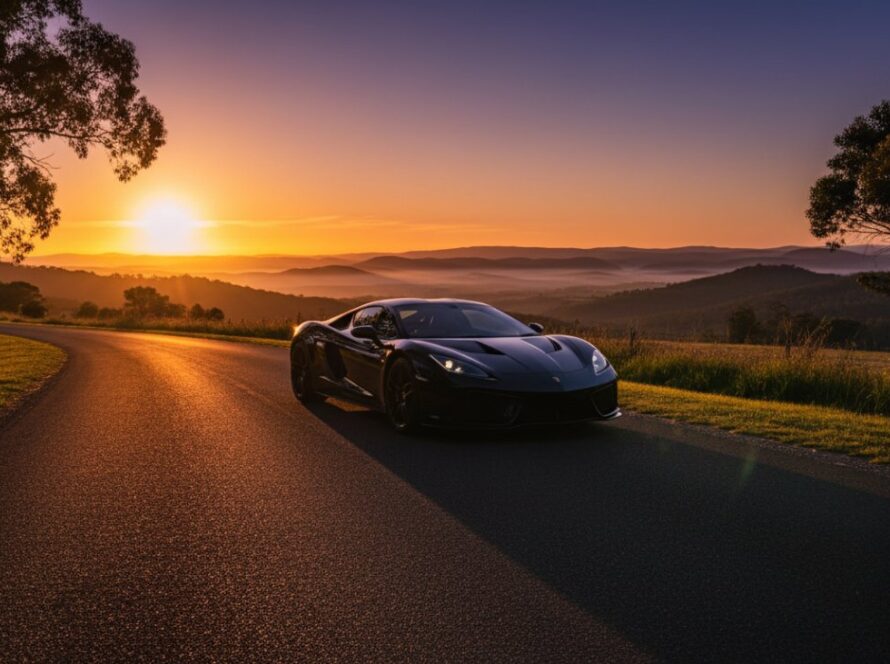 A powerful, sleek sports car, perfectly positioned for a Castella automotive photoshoot breathtaking landscapes, parked on a winding road with the dramatic Yarra Ranges in the background at sunset. The golden hour light casts long shadows, highlighting the vehicle's curves and creating an epic, cinematic feel.