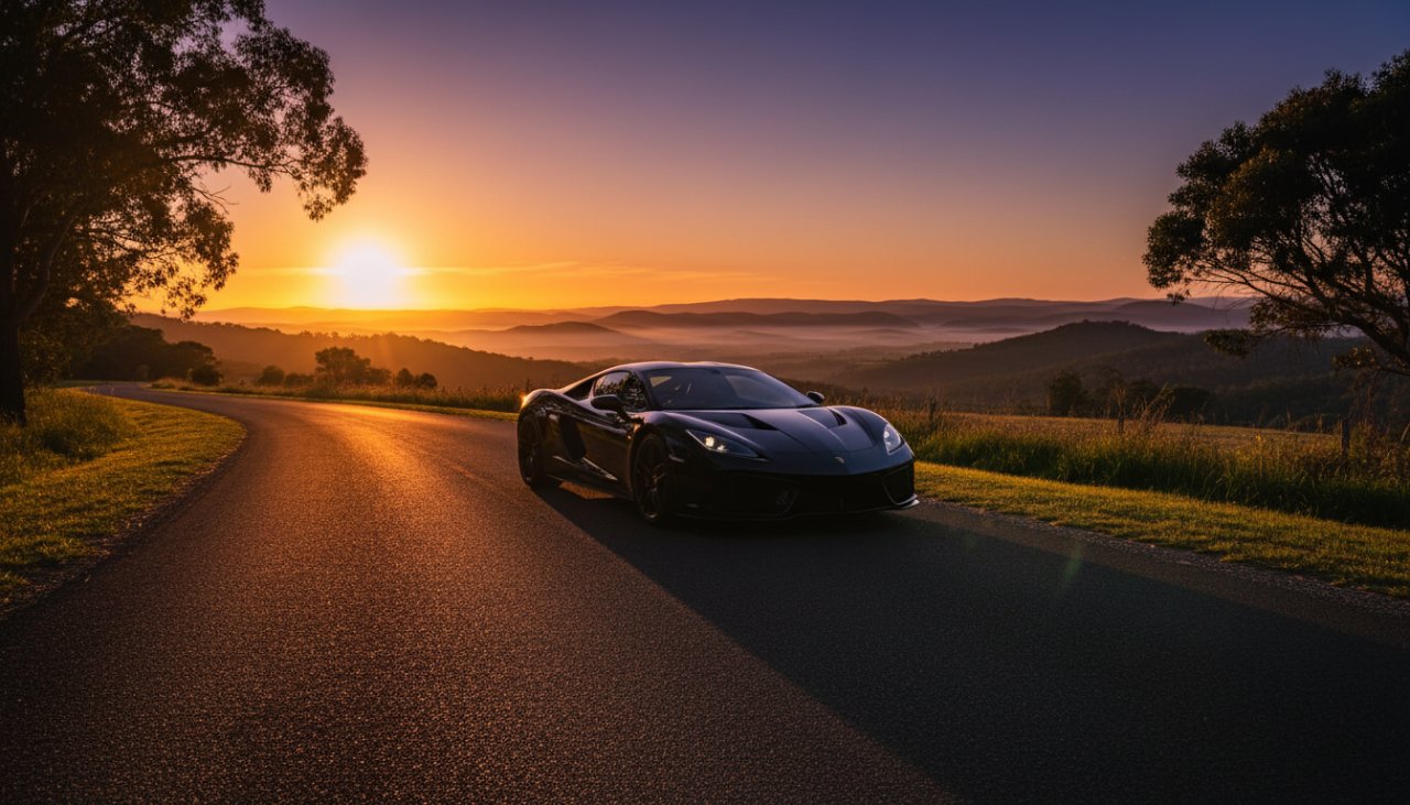 A powerful, sleek sports car, perfectly positioned for a Castella automotive photoshoot breathtaking landscapes, parked on a winding road with the dramatic Yarra Ranges in the background at sunset. The golden hour light casts long shadows, highlighting the vehicle's curves and creating an epic, cinematic feel.