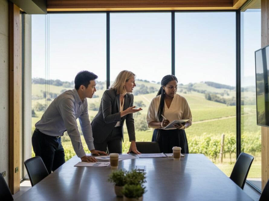 An epic moment captured during Castella corporate photography for authentic business branding, showing a successful business leader in a modern, light-filled office space in Castella, engaged in a vibrant discussion with team members, with the lush Yarra Valley landscape subtly visible through a window, golden hour lighting.