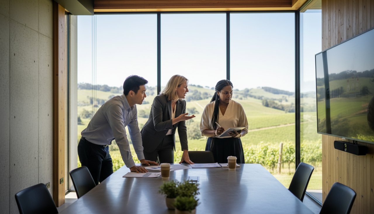 An epic moment captured during Castella corporate photography for authentic business branding, showing a successful business leader in a modern, light-filled office space in Castella, engaged in a vibrant discussion with team members, with the lush Yarra Valley landscape subtly visible through a window, golden hour lighting.