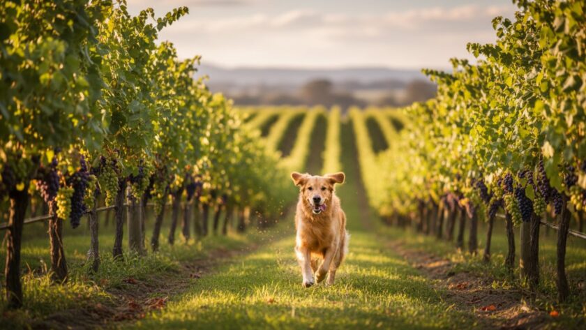 An adventurous golden retriever mid-leap, joyful and windswept, against the majestic, sun-drenched backdrop of a sprawling vineyard in Castella, Victoria, embodying the spirit of Castella pet photography capturing joy.