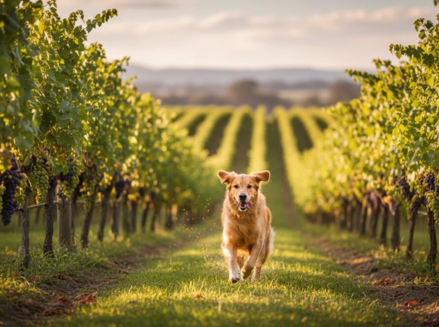 An adventurous golden retriever mid-leap, joyful and windswept, against the majestic, sun-drenched backdrop of a sprawling vineyard in Castella, Victoria, embodying the spirit of Castella pet photography capturing joy.