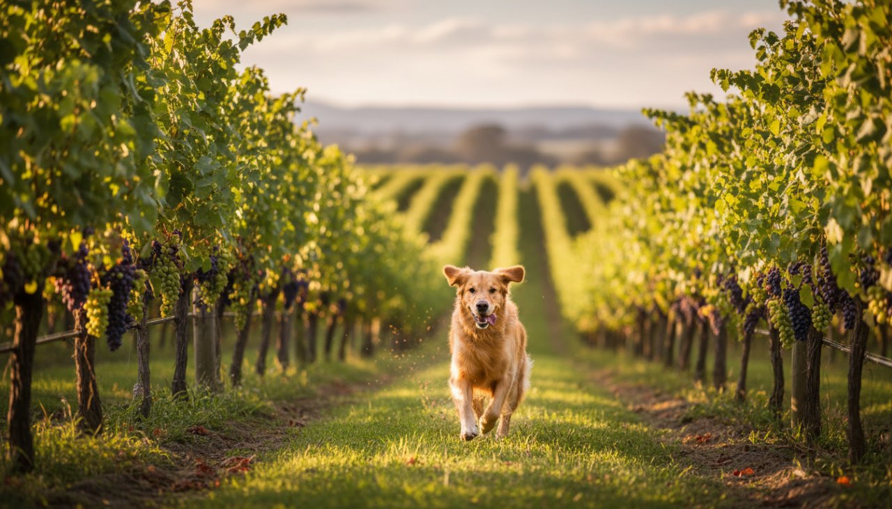 An adventurous golden retriever mid-leap, joyful and windswept, against the majestic, sun-drenched backdrop of a sprawling vineyard in Castella, Victoria, embodying the spirit of Castella pet photography capturing joy.