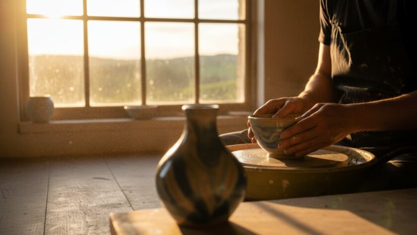 Capturing an 'epic moment' for Castella Victoria advertising photography for artisanal brands: A local artisan's hands carefully decorating a handcrafted ceramic mug in a sun-drenched studio, with the finished, unique mug prominently displayed.
