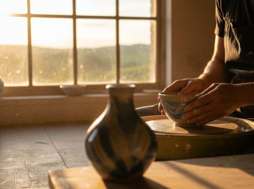 Capturing an 'epic moment' for Castella Victoria advertising photography for artisanal brands: A local artisan's hands carefully decorating a handcrafted ceramic mug in a sun-drenched studio, with the finished, unique mug prominently displayed.