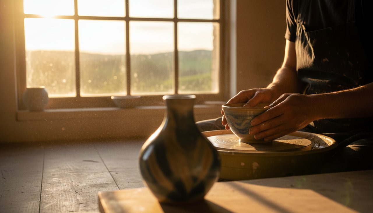 Capturing an 'epic moment' for Castella Victoria advertising photography for artisanal brands: A local artisan's hands carefully decorating a handcrafted ceramic mug in a sun-drenched studio, with the finished, unique mug prominently displayed.