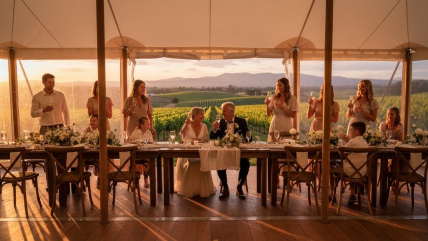 A jubilant couple celebrating their wedding amidst the rolling vineyards of Castella, Victoria, expertly captured by Castella Victoria authentic event photography expertise, with golden hour light illuminating their joyful embrace and guests cheering in the background. An epic moment of pure happiness.