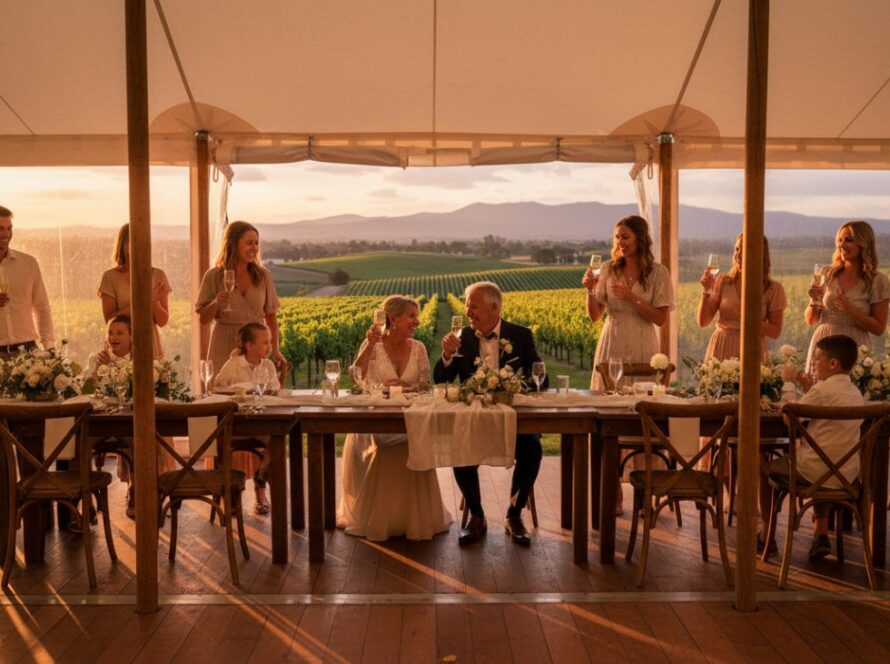A jubilant couple celebrating their wedding amidst the rolling vineyards of Castella, Victoria, expertly captured by Castella Victoria authentic event photography expertise, with golden hour light illuminating their joyful embrace and guests cheering in the background. An epic moment of pure happiness.