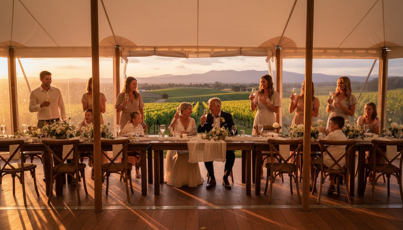 A jubilant couple celebrating their wedding amidst the rolling vineyards of Castella, Victoria, expertly captured by Castella Victoria authentic event photography expertise, with golden hour light illuminating their joyful embrace and guests cheering in the background. An epic moment of pure happiness.