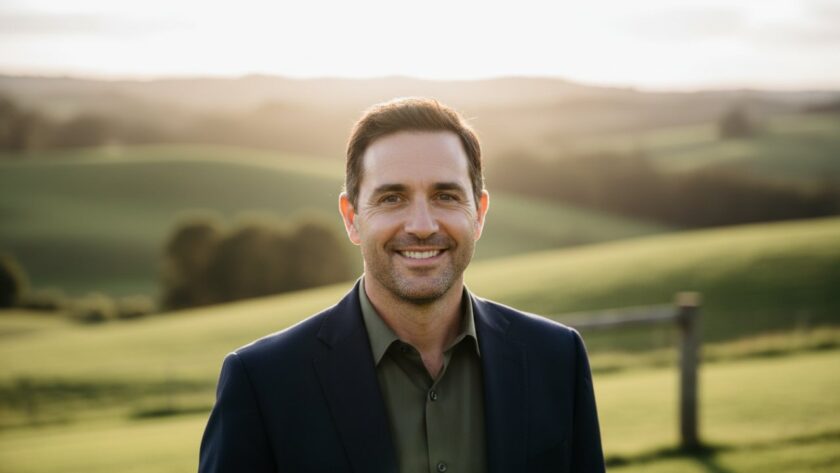 A striking Castella Victoria Authentic Professional Headshots Photography image featuring a local professional with a warm, genuine smile, standing amidst the lush, natural beauty of Castella's rural landscape at golden hour, with soft, directional light highlighting their confident expression.