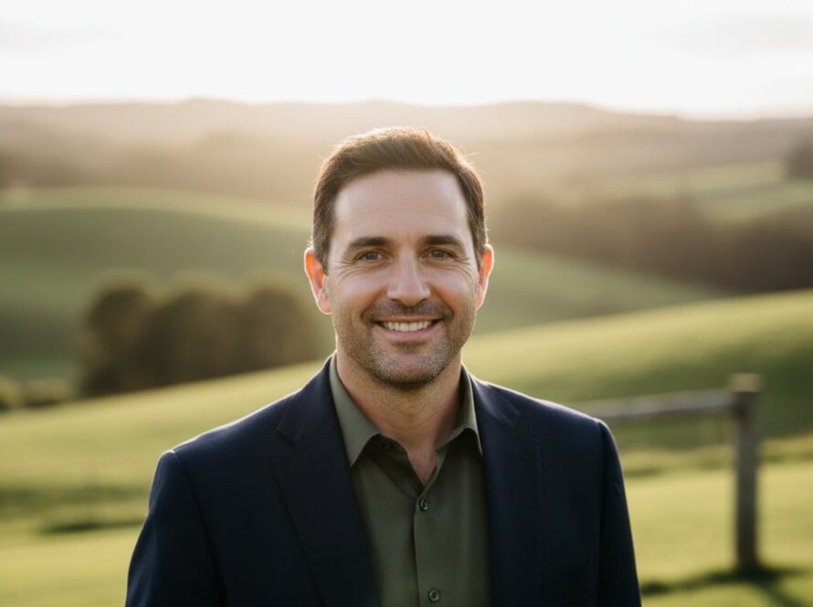 A striking Castella Victoria Authentic Professional Headshots Photography image featuring a local professional with a warm, genuine smile, standing amidst the lush, natural beauty of Castella's rural landscape at golden hour, with soft, directional light highlighting their confident expression.