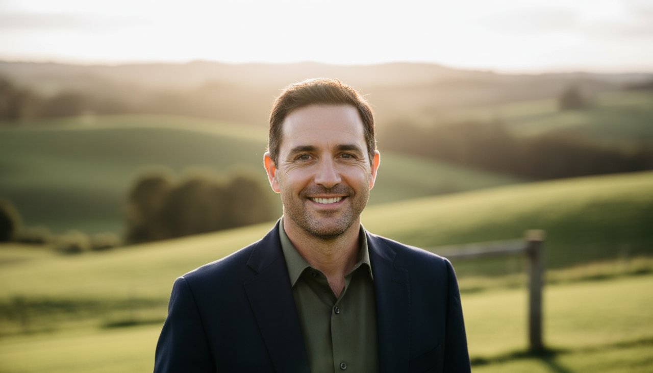 A striking Castella Victoria Authentic Professional Headshots Photography image featuring a local professional with a warm, genuine smile, standing amidst the lush, natural beauty of Castella's rural landscape at golden hour, with soft, directional light highlighting their confident expression.