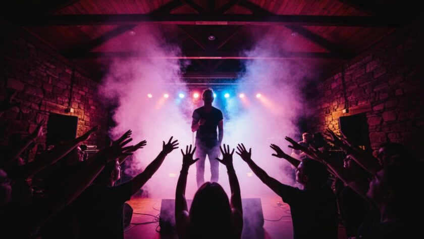 A dynamic stage view from a Castella Victoria concert photography electrifying live music moments, showcasing a lead singer silhouetted against dramatic lights and smoke, with the crowd's hands raised in euphoria.