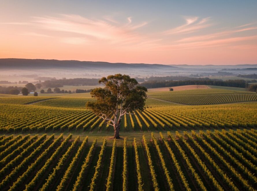 An awe-inspiring aerial view of the Yarra Valley in Castella, Victoria, showcasing lush vineyards and rolling hills under a dramatic sunset, captured by Castella Victoria drone photography capturing Yarra Valley vistas, emphasizing the golden hour light and the serene natural beauty.