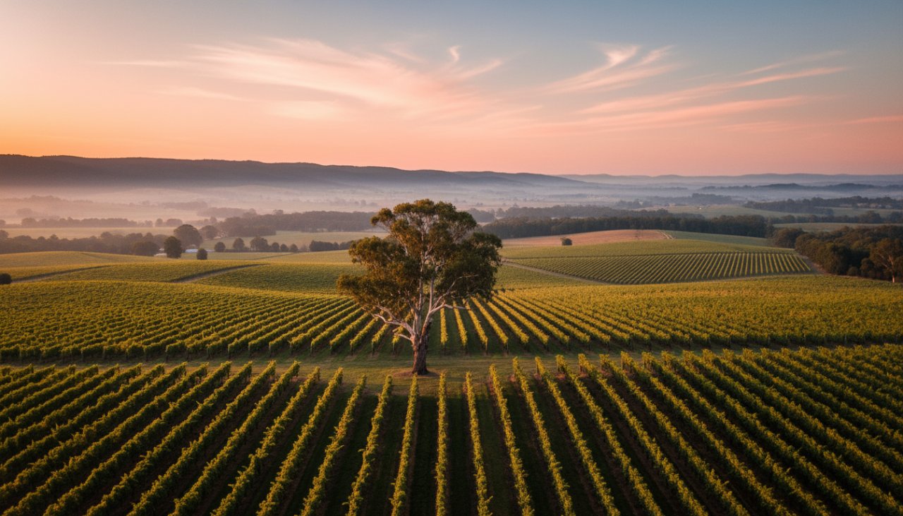 An awe-inspiring aerial view of the Yarra Valley in Castella, Victoria, showcasing lush vineyards and rolling hills under a dramatic sunset, captured by Castella Victoria drone photography capturing Yarra Valley vistas, emphasizing the golden hour light and the serene natural beauty.