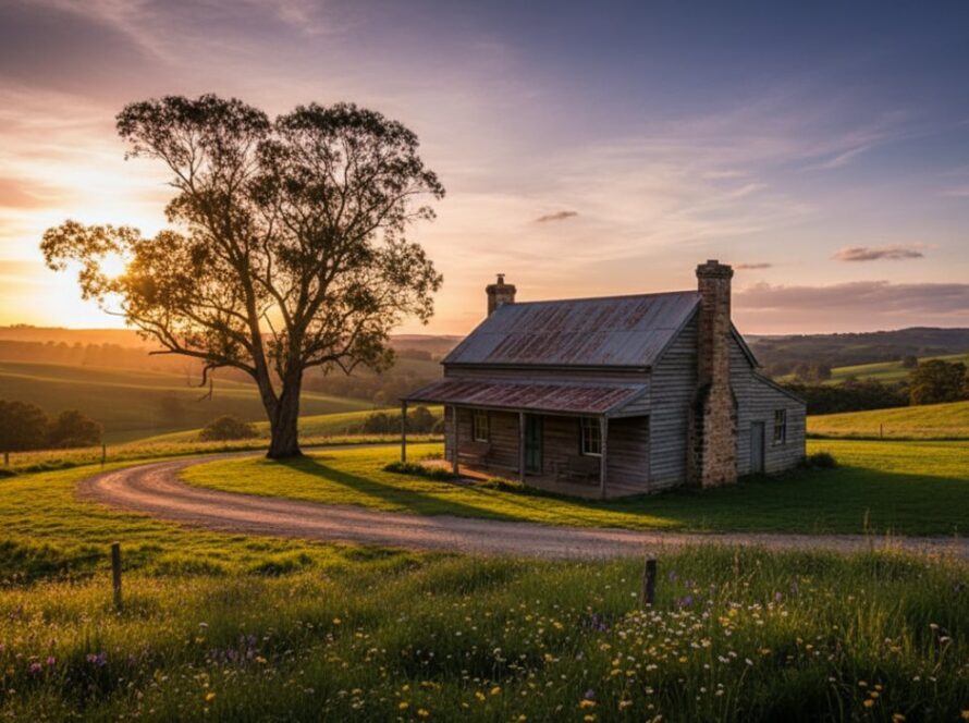 An epic, cinematic shot of a beautifully restored, rustic farmhouse in Castella, Victoria, bathed in golden hour light, showcasing the intricate details and heritage of Castella Victoria Farmhouse Architecture Photography. The surrounding rolling hills are gently blurred, emphasising the structure.