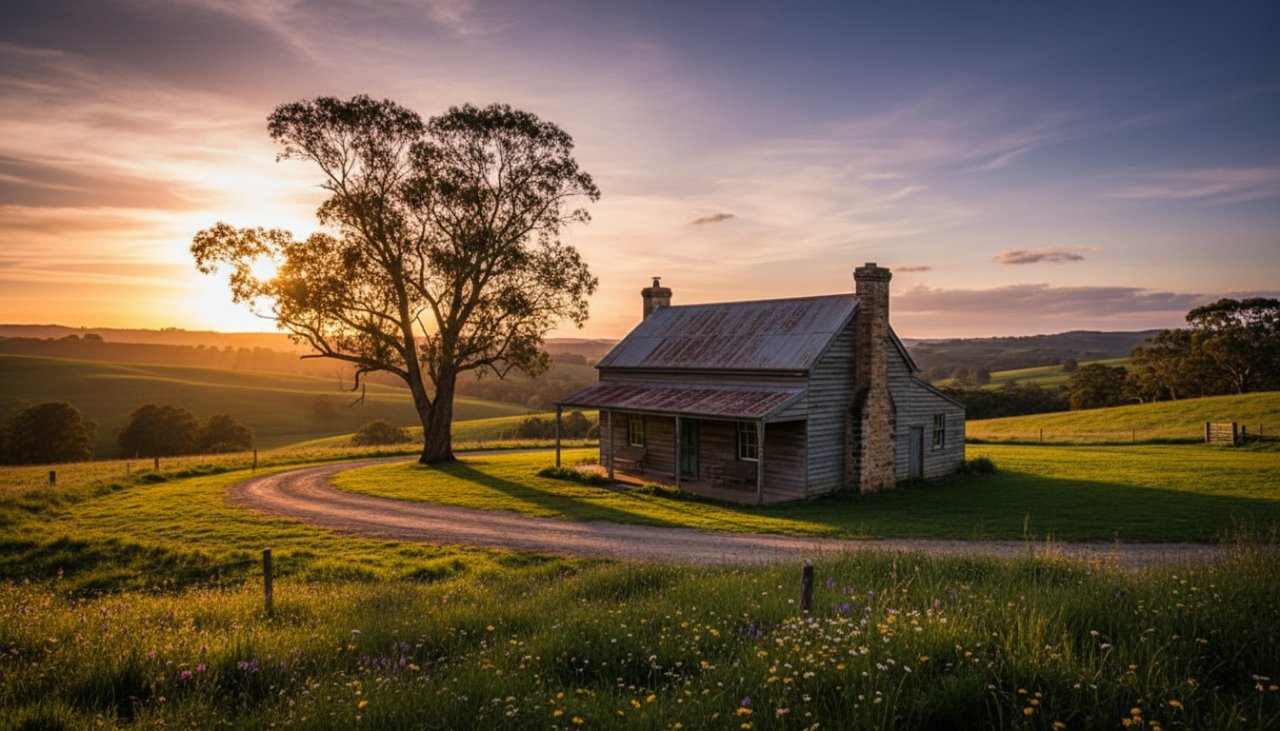 An epic, cinematic shot of a beautifully restored, rustic farmhouse in Castella, Victoria, bathed in golden hour light, showcasing the intricate details and heritage of Castella Victoria Farmhouse Architecture Photography. The surrounding rolling hills are gently blurred, emphasising the structure.