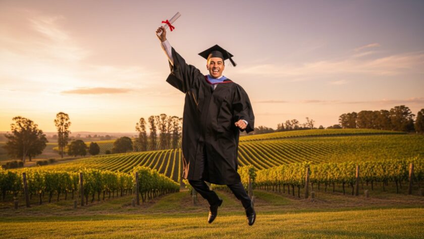 A triumphant graduate in Castella, Victoria, celebrating their academic achievement with a cap toss against the picturesque backdrop of rolling hills and vineyards, capturing Castella Victoria graduation photography memorable moments.