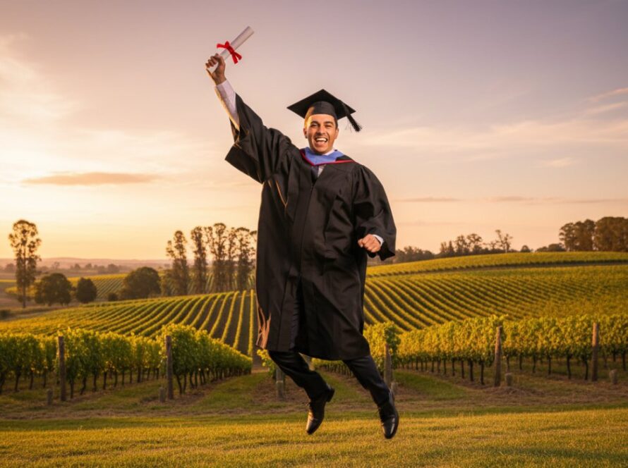 A triumphant graduate in Castella, Victoria, celebrating their academic achievement with a cap toss against the picturesque backdrop of rolling hills and vineyards, capturing Castella Victoria graduation photography memorable moments.