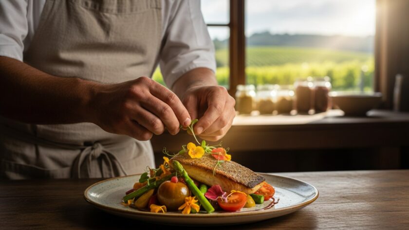 A dramatic, close-up 'epic moment' style photograph showcasing Castella Victoria local produce photography, featuring a chef meticulously drizzling a vibrant sauce over a perfectly plated dish of roasted seasonal vegetables and herbs, with soft, natural light highlighting the textures and colours against a rustic, dark wooden background, evoking a sense of culinary artistry and fresh, farm-to-table elegance.