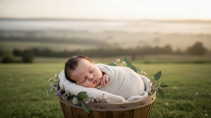 A breathtaking, soft-focus portrait showcasing the gentle artistry of Castella Victoria newborn photography, featuring a sleeping baby swaddled in natural fibres amidst a rustic, warm Castella-inspired setting, bathed in soft morning light.