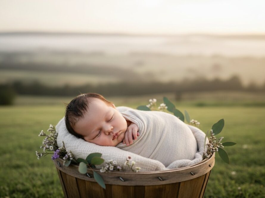A breathtaking, soft-focus portrait showcasing the gentle artistry of Castella Victoria newborn photography, featuring a sleeping baby swaddled in natural fibres amidst a rustic, warm Castella-inspired setting, bathed in soft morning light.