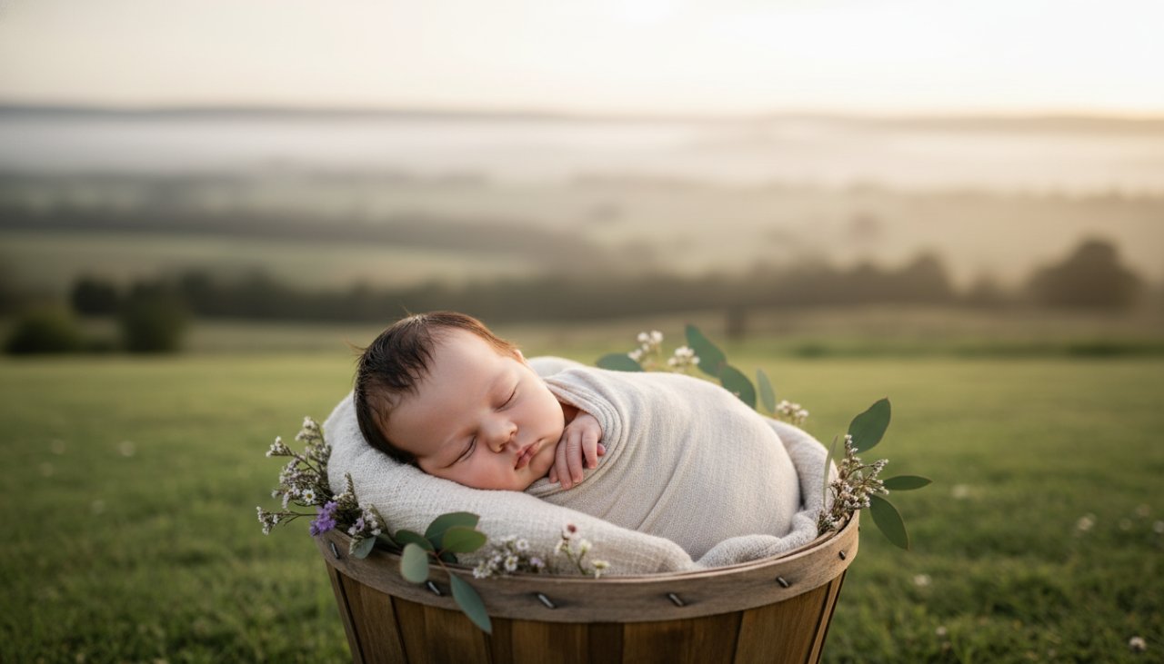 A breathtaking, soft-focus portrait showcasing the gentle artistry of Castella Victoria newborn photography, featuring a sleeping baby swaddled in natural fibres amidst a rustic, warm Castella-inspired setting, bathed in soft morning light.